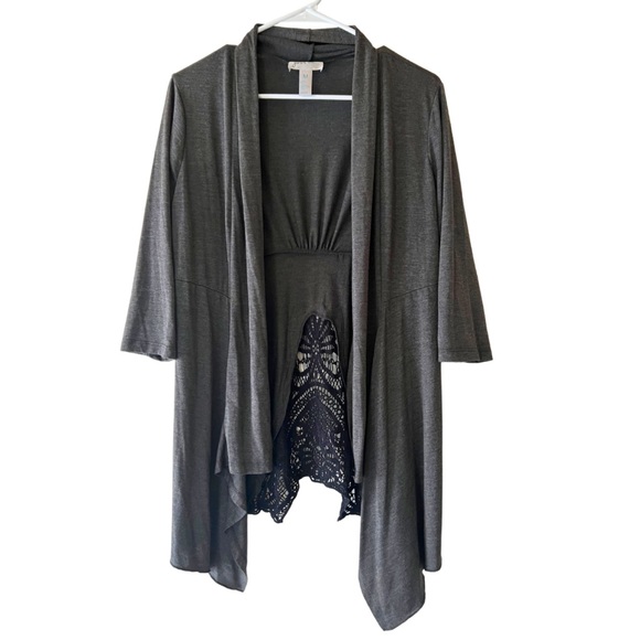 Just Be Women’s Grey Open Cardigan with Black Crochet Detail - Picture 1 of 8